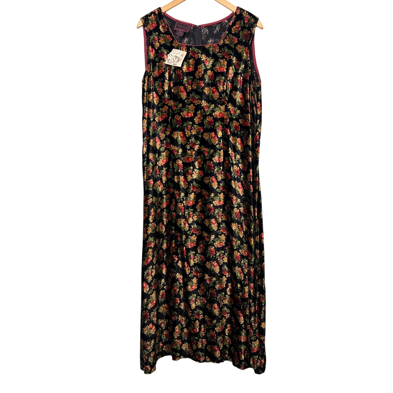Vtg 90s April Cornell Whimsical Maxi Dress Black Velveteen Floral Size Medium